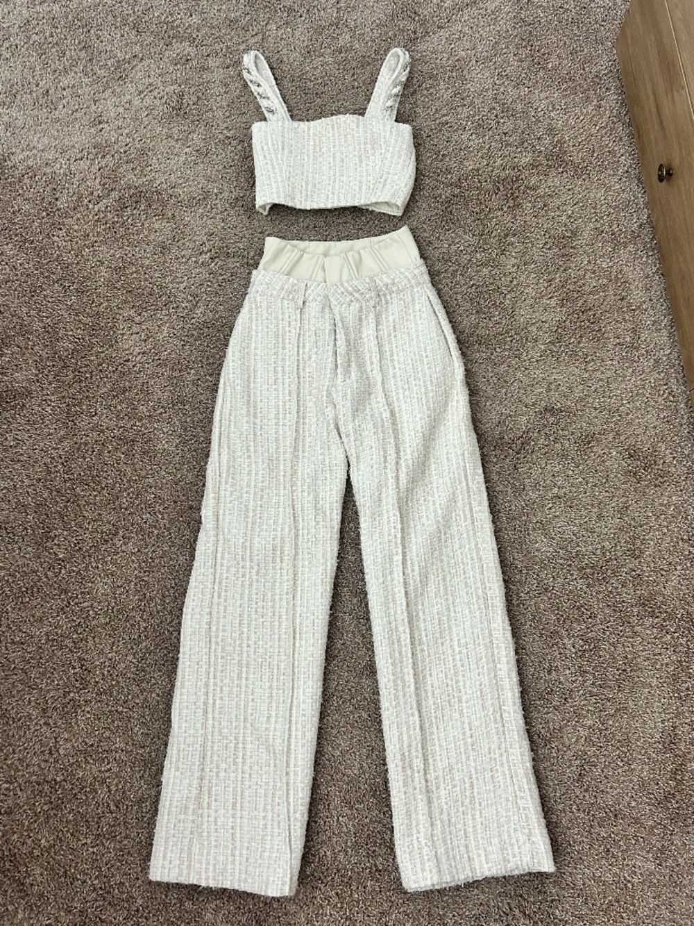 MANIÈRE DE VOIR Matching Tweed Set in Cream and Beige